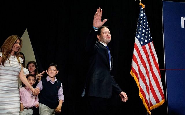 Republican presidential candidate U.S. Senator Marco Rubio (R-FL) walks on stage with his family at a primary night rally on March 15, 2016 in Miami, Florida. (Angel Valentin/Getty Images/AFP)