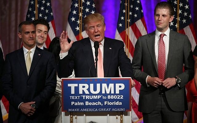 Republican presidential candidate Donald Trump speaks during a primary night press conference at the Mar-A-Lago Club's Donald J. Trump Ballroom March 15, 2016 in Palm Beach, Florida. (Win McNamee/Getty Images/AFP)