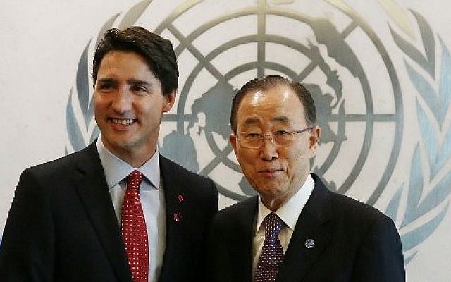 NEW YORK, NY - MARCH 16: Canadian Prime Minister Justin Trudeau meets with United Nations Secretary-General Ban Ki-moon at the United Nations headquarters on March 16, 2016 in New York City. In an announcement at the U.N., Trudeau said that Canada is making a bid to take a seat on the United Nations Security Council for a two-year term beginning in 2021. Spencer Platt/Getty Images/AFP NEW YORK, NY - MARCH 16: Canadian Prime Minister Justin Trudeau meets with United Nations Secretary-General Ban Ki-moon at the United Nations headquarters on March 16, 2016 in New York City. In an announcement at the U.N., Trudeau said that Canada is making a bid to take a seat on the United Nations Security Council for a two-year term beginning in 2021. Spencer Platt/Getty Images/AFP