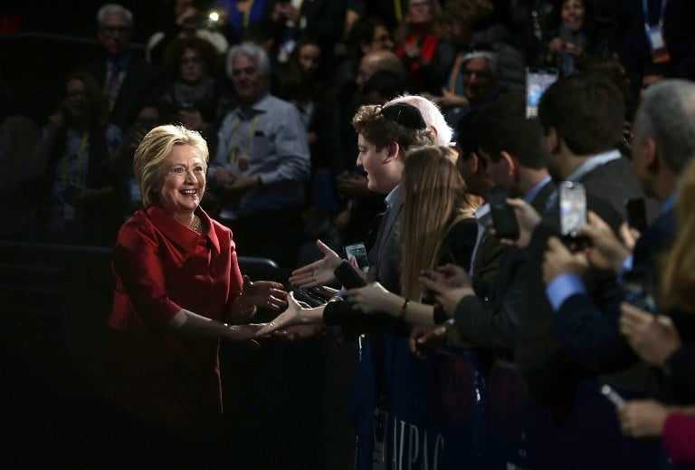 Democratic presidential candidate Hillary Clinton greets attendees piror to her address to the annual policy conference of the American Israel Public Affairs Committee (AIPAC) March 21, 2016 in Washington, DC. (Alex Wong/Getty Images/AFP) Democratic presidential candidate Hillary Clinton greets attendees piror to her address to the annual policy conference of the American Israel Public Affairs Committee (AIPAC) March 21, 2016 in Washington, DC. (Alex Wong/Getty Images/AFP)