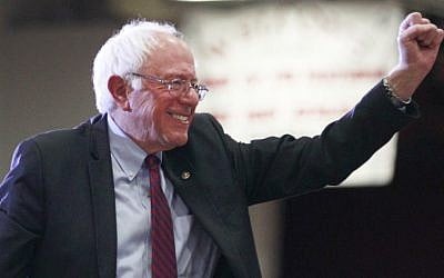 Democratic presidential candidate Bernie Sanders gives a fist pump after his speech at West High School at a campaign rally in Salt Lake City, Utah, March 21, 2016. (George Frey/Getty Images/AFP)