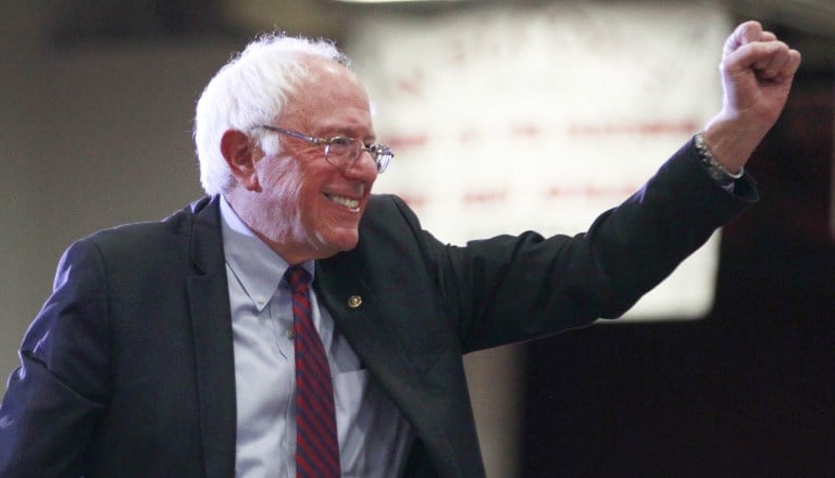 Democratic presidential candidate Bernie Sanders gives a fist pump after his speech at West High School at a campaign rally in Salt Lake City, Utah, March 21, 2016. (George Frey/Getty Images/AFP) Democratic presidential candidate Bernie Sanders gives a fist pump after his speech at West High School at a campaign rally in Salt Lake City, Utah, March 21, 2016. (George Frey/Getty Images/AFP)
