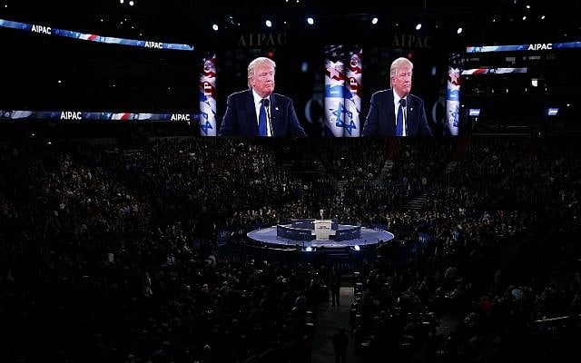 Republican presidential candidate Donald Trump addresses the annual policy conference of the American Israel Public Affairs Committee (AIPAC) March 21, 2016 in Washington, DC. (Alex Wong/Getty Images/AFP)
