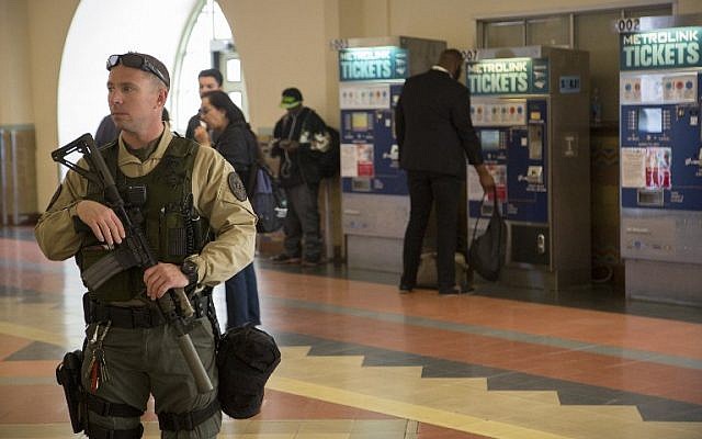 A Los Angeles County Sheriffs deputy patrols Union Station train hub as security is heightened in reaction to bomb attacks in Brussels, Belgium on March 22, 2016 in Los Angeles, California. (David McNew/Getty Images/AFP) A Los Angeles County Sheriffs deputy patrols Union Station train hub as security is heightened in reaction to bomb attacks in Brussels, Belgium on March 22, 2016 in Los Angeles, California. (David McNew/Getty Images/AFP)
