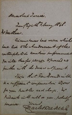 A 1848 letter from Charles Dickens, one of the Angels' happy customers. (courtesy)