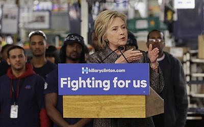 Democratic presidential candidate Hillary Clinton speaks at the Detroit Manufacturing Systems plant, Friday, March 4, 2016, in Detroit. (AP Photo/Carlos Osorio)