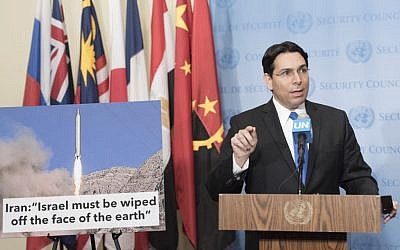 Israel's ambassador to the UN Danny Danon speaks to journalists ahead of UN Security Council consultations on the March 9, 2016 ballistic missile launches by Iran, March 14, 2016. (UN/Mark Garten)