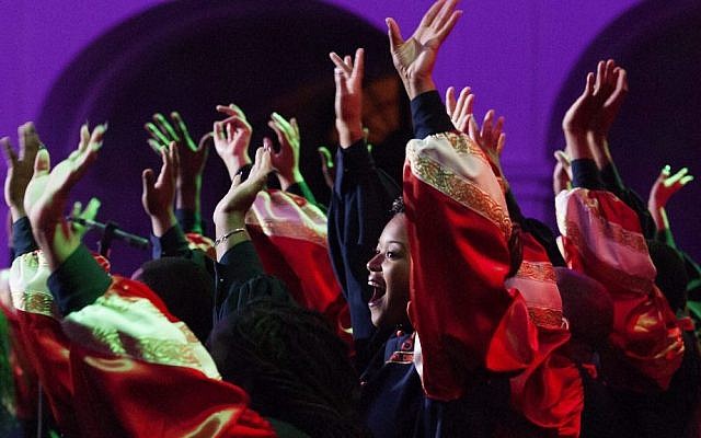 Illustrative: Members of the US Virginia State Gospel Chorale gospel choir perform during their concert in the Great Calvinist Church in Debrecen, Hungary, on Dec.12, 2015. (Zsolt Czegledi/MTI via AP) Illustrative: Members of the US Virginia State Gospel Chorale gospel choir perform during their concert in the Great Calvinist Church in Debrecen, Hungary, on Dec.12, 2015. (Zsolt Czegledi/MTI via AP)