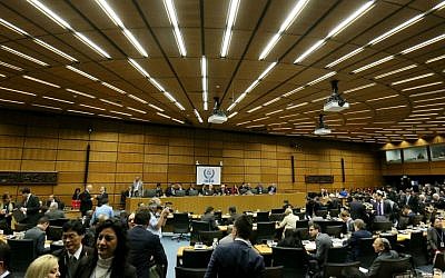 General view of the board of governors meeting of the International Atomic Energy Agency, IAEA, at the International Center in Vienna, Austria, Monday, March 7, 2016. (AP Photo/Ronald Zak)