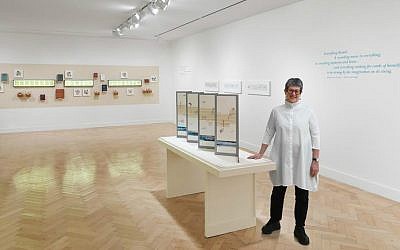 Lynne Avadenka at her 'How a Poem Begins' exhibit at Yeshiva University in New York on February 28, 2016. (Courtesy)