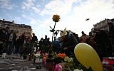 Memorial tributes for the victims of the Brussels terrorist attacks at the Place de la Bourse in the capital, March 22, 2016. (Carl Court/Getty Images/JTA)