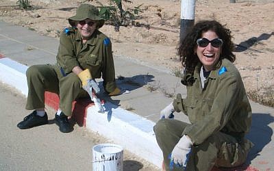 Mildred and Gayle Kirschenbaum volunteering on an IDF base. (Kirschenbaum Productions)