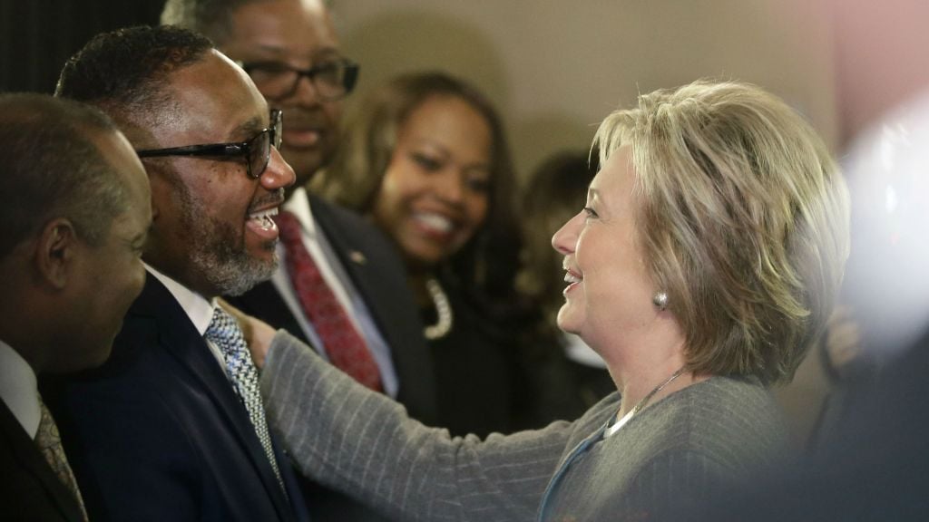 Democratic presidential candidate Hillary Clinton meets with the Rev. Kenneth J. Flowers of the Greater New Mt. Moriah Missionary Baptist Church before meeting with African American ministers, Saturday, March 5, 2016, in Detroit, Michigan. (AP Photo/Carlos Osorio) Democratic presidential candidate Hillary Clinton meets with the Rev. Kenneth J. Flowers of the Greater New Mt. Moriah Missionary Baptist Church before meeting with African American ministers, Saturday, March 5, 2016, in Detroit, Michigan. (AP Photo/Carlos Osorio)