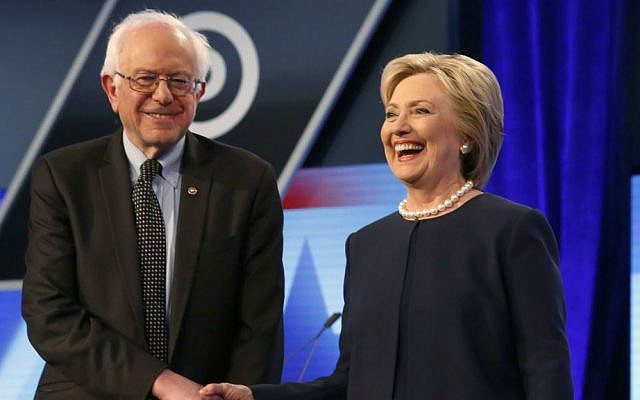 Democratic presidential candidates Sen. Bernie Sanders and Hillary Clinton shake hands before the start of a presidential debate in Miami, Florida, on March 9, 2016. (AP/Wilfredo Lee) Democratic presidential candidates Sen. Bernie Sanders and Hillary Clinton shake hands before the start of a presidential debate in Miami, Florida, on March 9, 2016. (AP/Wilfredo Lee)