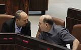 Education Minister Naftali Bennett (L) speaks with Defense Minister Moshe Ya'alon in the Israeli parliament on June 5, 2013. (Miriam Alster/FLASH90)