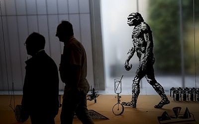 Visitors walk past an evolution exhibit at the Israel Museum in Jerusalem, on June 23, 2015 (Hadas Parush/Flash90)