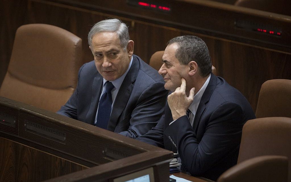 File: Prime Minister Benjamin Netanyahu talks with Yisrael Katz during a Knesset plenary session, February 8, 2016. (Hadas Parush/Flash90) File: Prime Minister Benjamin Netanyahu talks with Yisrael Katz during a Knesset plenary session, February 8, 2016. (Hadas Parush/Flash90)