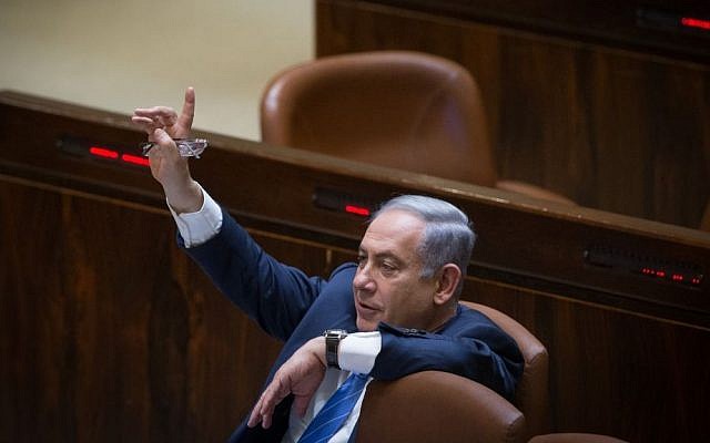 Benjamin Netanyahu in the Knesset on March 7, 2016. (Yonatan Sindel/Flash90)