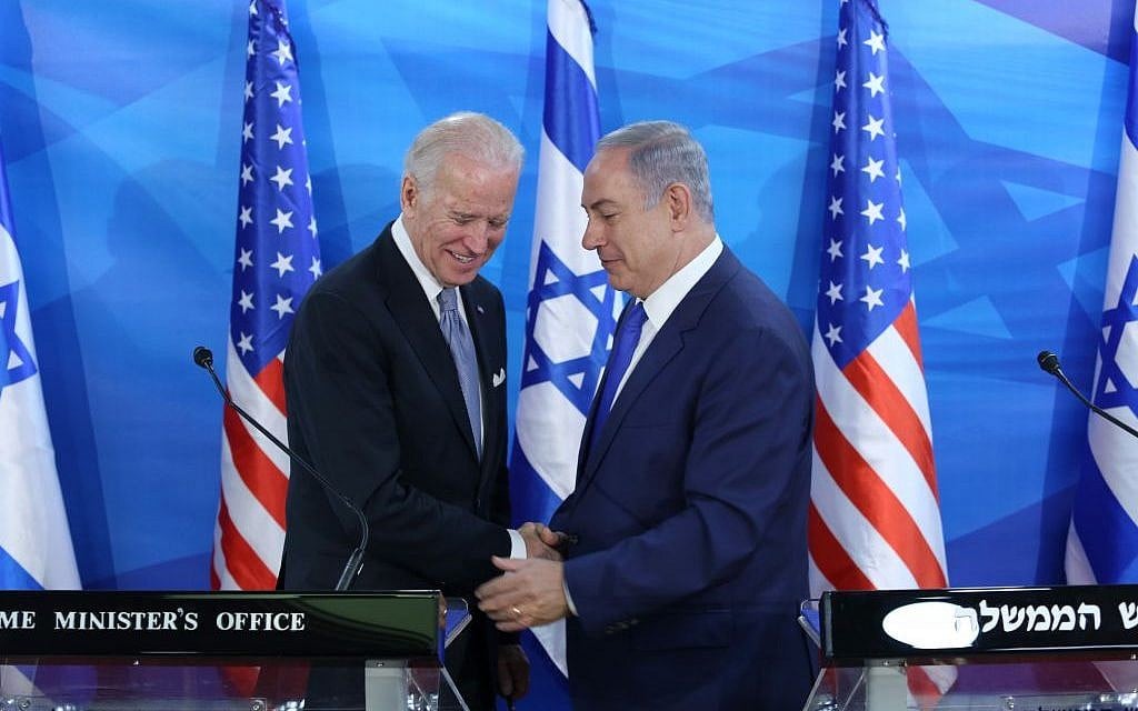 Prime Minister Benjamin Netanyahu (R) holds a joint press conference with then-US vice president Joe Biden at the Prime Minister's Office in Jerusalem, March 9, 2016. (Amit Shabi/Pool) Prime Minister Benjamin Netanyahu (R) holds a joint press conference with then-US vice president Joe Biden at the Prime Minister's Office in Jerusalem, March 9, 2016. (Amit Shabi/Pool)