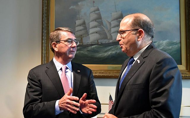 US Secretary of Defense Ashton Carter, left, speaks with Moshe Yaalon at the Pentagon on March 14, 2016. (Ariel Hermoni/Ministry of Defense) US Secretary of Defense Ashton Carter, left, speaks with Moshe Yaalon at the Pentagon on March 14, 2016. (Ariel Hermoni/Ministry of Defense)