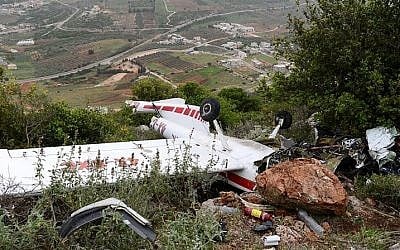 The remains of a small aircraft that crashed in the northern Israel on March 25, 2016. The pilot who died in the crash was the head of the Civil Administration Brig.-Gen. Munir Amar, 47. (Basel Awidat/Flash90) 
