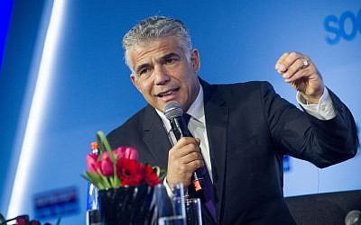 Yair Lapid, leader of the Yesh Atid party speaks at the opening of the Yedioth Aharonot conference at the Jerusalem Convention Center on March 28, 2016. (Miriam Alster/Flash90)
