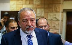 Knesset member Avigdor Liberman arrives at a military court to show support for a soldier who was charged for killing a wounded Palestinian assailant, on Tuesday, March 29, 2016 (Flash90)