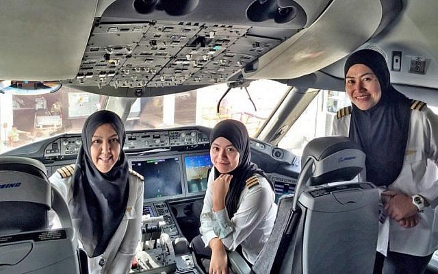 The all-female flight-deck crew of a Royal Brunei Airlines plane. From left to right, Captain Sharifah Czarena Surainy, Senior First Officer Dk Nadiah Pg Khashiem and Senior First Officer Sariana Nordin became the first all-female crew for the airline when they flew to Saudi Arabia, February 23, 2016. (Royal Brunei Airlines) The all-female flight-deck crew of a Royal Brunei Airlines plane. From left to right, Captain Sharifah Czarena Surainy, Senior First Officer Dk Nadiah Pg Khashiem and Senior First Officer Sariana Nordin became the first all-female crew for the airline when they flew to Saudi Arabia, February 23, 2016. (Royal Brunei Airlines)