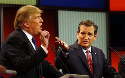 Donald Trump and Sen. Ted Cruz, R-Texas, at a Republican presidential primary debate at Fox Theatre in Detroit, Michigan, Thursday, March 3, 2016. (AP Photo/Paul Sancya)