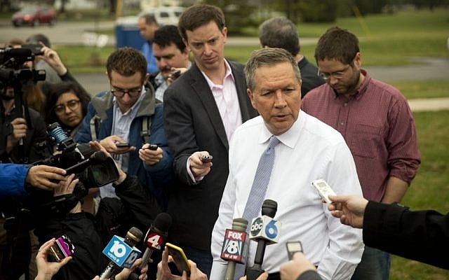 Republican presidential candidate, Ohio Gov. John Kasich, speaks with members of the media after voting in the primary election Tuesday, March 15, 2016, in Westerville, Ohio. (AP Photo/Matt Rourke) Republican presidential candidate, Ohio Gov. John Kasich, speaks with members of the media after voting in the primary election Tuesday, March 15, 2016, in Westerville, Ohio. (AP Photo/Matt Rourke)