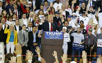 Republican presidential candidate Donald Trump at a campaign rally, Saturday, March 5, 2016, in Orlando, Florida. (AP Photo/Brynn Anderson)