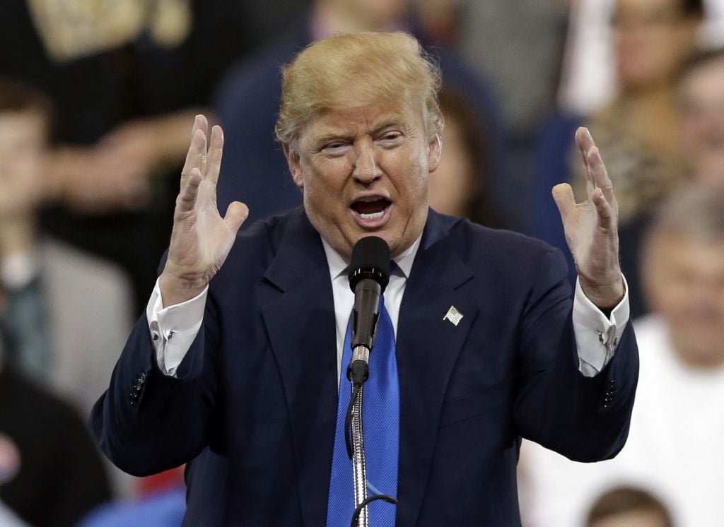 Republican presidential candidate Donald Trump speaks at a campaign rally at the I-X Center in Cleveland, Ohio on March 12, 2016. (AP Photo/Tony Dejak) Republican presidential candidate Donald Trump speaks at a campaign rally at the I-X Center in Cleveland, Ohio on March 12, 2016. (AP Photo/Tony Dejak)