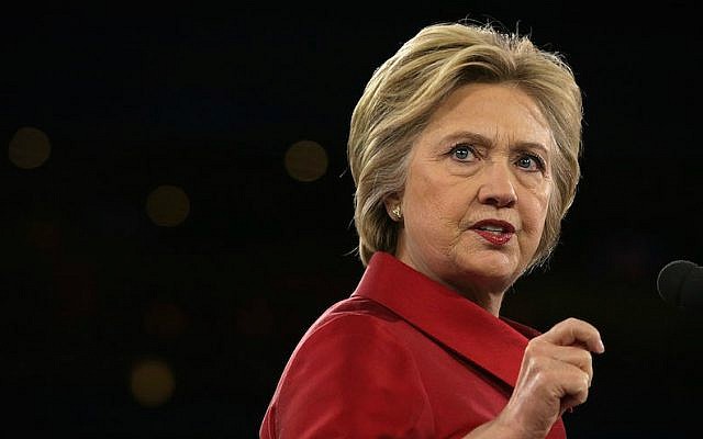 Hillary Clinton addressing the annual policy conference of the American Israel Public Affairs Committee in Washington, DC, March 21, 2016. (Alex Wong/Getty Images via JTA) Hillary Clinton addressing the annual policy conference of the American Israel Public Affairs Committee in Washington, DC, March 21, 2016. (Alex Wong/Getty Images via JTA)