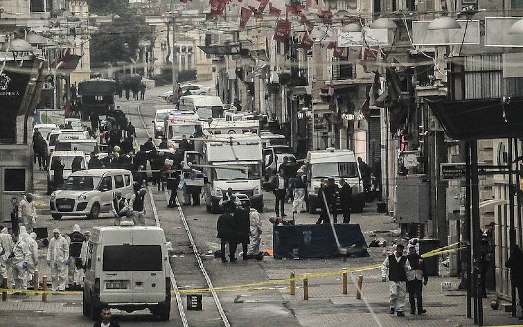 File: Emergency services inspecting the area following a suicide bombing in central Istanbul, Turkey, March 19, 2016. (Burak Kara/Getty Images via JTA)