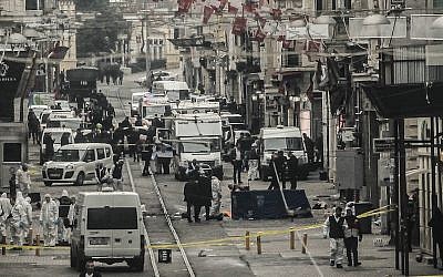 File: Emergency services inspecting the area following a suicide bombing in central Istanbul, Turkey, March 19, 2016. (Burak Kara/Getty Images via JTA) File: Emergency services inspecting the area following a suicide bombing in central Istanbul, Turkey, March 19, 2016. (Burak Kara/Getty Images via JTA)