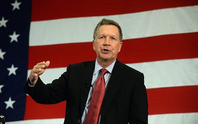 Republican presidential candidate John Kasich speaks at the First in the Nation Republican Leadership Summit April 18, 2015 in Nashua, New Hampshire. (Darren McCollester/Getty Images via JTA)