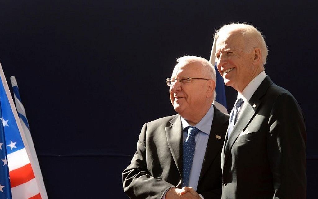 Then-US vice president Joe Biden and President Reuven Rivlin meet at the President's Residence in Jerusalem, March 9, 2016. (Mark Neyman/GPO/File)