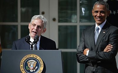 Judge Merrick B. Garland speaks after being nominated to the US Supreme Court as President Barack Obama looks on, in the Rose Garden at the White House, March 16, 2016 (Chip Somodevilla/Getty Images, via JTA)