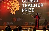 Palestinian primary school teacher Hanan al-Hroub speaks after she won the second annual Global Teacher Prize, in Dubai, United Arab Emirates, Sunday, March 13, 2016. (AP/Kamran Jebreili)