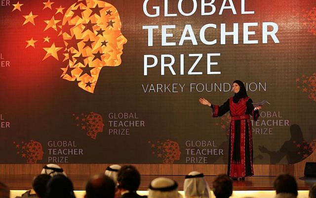 Palestinian primary school teacher Hanan al-Hroub speaks after she won the second annual Global Teacher Prize, in Dubai, United Arab Emirates, Sunday, March 13, 2016. (AP/Kamran Jebreili) Palestinian primary school teacher Hanan al-Hroub speaks after she won the second annual Global Teacher Prize, in Dubai, United Arab Emirates, Sunday, March 13, 2016. (AP/Kamran Jebreili)