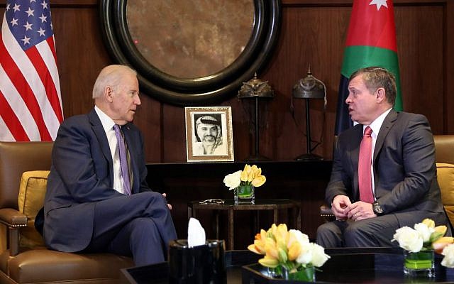 King Abdullah II of Jordan, right, meets with US Vice President Joe Biden, at the Husseiniya Palace in Amman, Jordan, March 10, 2016. (AP/Raad Adayleh) King Abdullah II of Jordan, right, meets with US Vice President Joe Biden, at the Husseiniya Palace in Amman, Jordan, March 10, 2016. (AP/Raad Adayleh)
