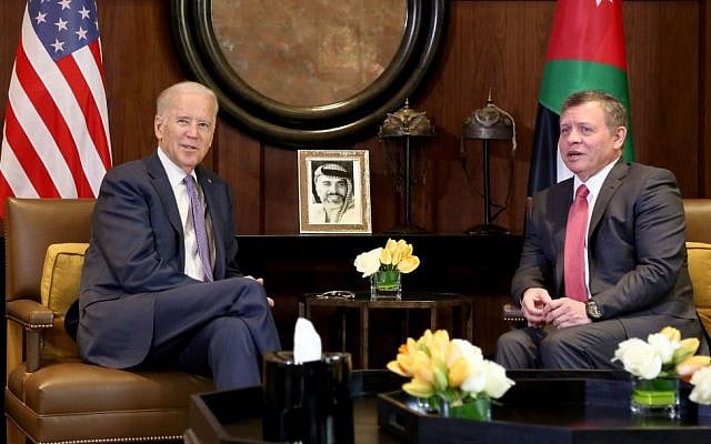 King Abdullah II of Jordan, right, meets with US Vice President Joe Biden, at the Husseiniya Palace in Amman, Jordan, March 10, 2016. (AP/Raad Adayleh) King Abdullah II of Jordan, right, meets with US Vice President Joe Biden, at the Husseiniya Palace in Amman, Jordan, March 10, 2016. (AP/Raad Adayleh)