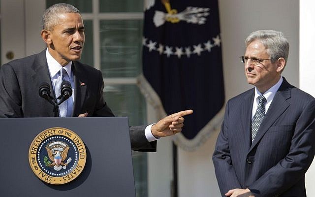 Federal appeals court judge Merrick Garland stands with President Barack Obama as he is introduced as Obama's nominee for the Supreme Court during an announcement in the Rose Garden of the White House, in Washington, Wednesday, March 16, 2016.(AP Photo/Pablo Martinez Monsivais) Federal appeals court judge Merrick Garland stands with President Barack Obama as he is introduced as Obama's nominee for the Supreme Court during an announcement in the Rose Garden of the White House, in Washington, Wednesday, March 16, 2016.(AP Photo/Pablo Martinez Monsivais)