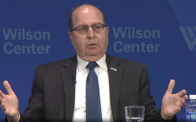Defense Minister Moshe Ya'alon addresses the Wilson Center in Washington, D.C. on March 14, 2016 (Webcast screen capture) Defense Minister Moshe Ya'alon addresses the Wilson Center in Washington, D.C. on March 14, 2016 (Webcast screen capture)