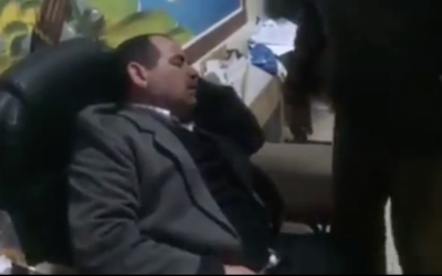 A teacher, Muhammad Za'oul, was lightly injured when a stun grenade was thrown into al-Sadeeq Elementary School for Boys in the Palestinian village of Husan, near Bethlehem, on March 15, 2016. (Screen capture: al-Sadeeq Elementary School for Boys)