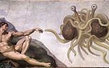Oil painting in the style of "The Creation of Adam" by Michelangelo, depicting the Flying Spaghetti Monster; two large meatballs wrapped in noodles, with eyes on stalks which are also noodles, floating in mid-air. ( Wikimedia Fair Use Image)
