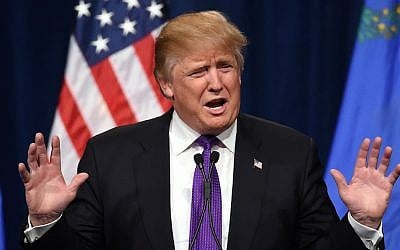 Donald Trump speaking at a caucus night watch party at the Treasure Island Hotel & Casino in Las Vegas, Nevada, Feb. 23, 2016. (Ethan Miller/Getty Images via JTA)