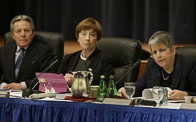 (From left to right): Hadi Makarechian, Charlene Zettel, and University of California President Janet Napolitano listen to public comments during a Board of Regents meeting in San Francisco, March 23, 2016. (AP/Eric Risberg)