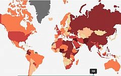 A map of the world dividing countries according to the degree to which they were struck by terrorism. Israel was ranked 24th in the index. (Screen capture visionofhumanity.org)