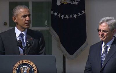 US President Barack Obama, left, announcing the nomination of Merrick Garland, right, to the Supreme Court, at the White House on March 16, 2016. (screen capture: YouTube/WH.gov) US President Barack Obama, left, announcing the nomination of Merrick Garland, right, to the Supreme Court, at the White House on March 16, 2016. (screen capture: YouTube/WH.gov)